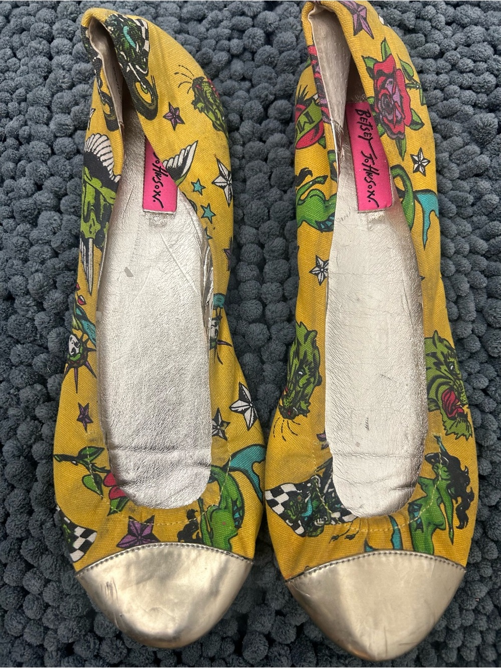 Betsey Johnson Yellow Tattoo-Print Ballet Flats with Metallic Gold Cap Toes